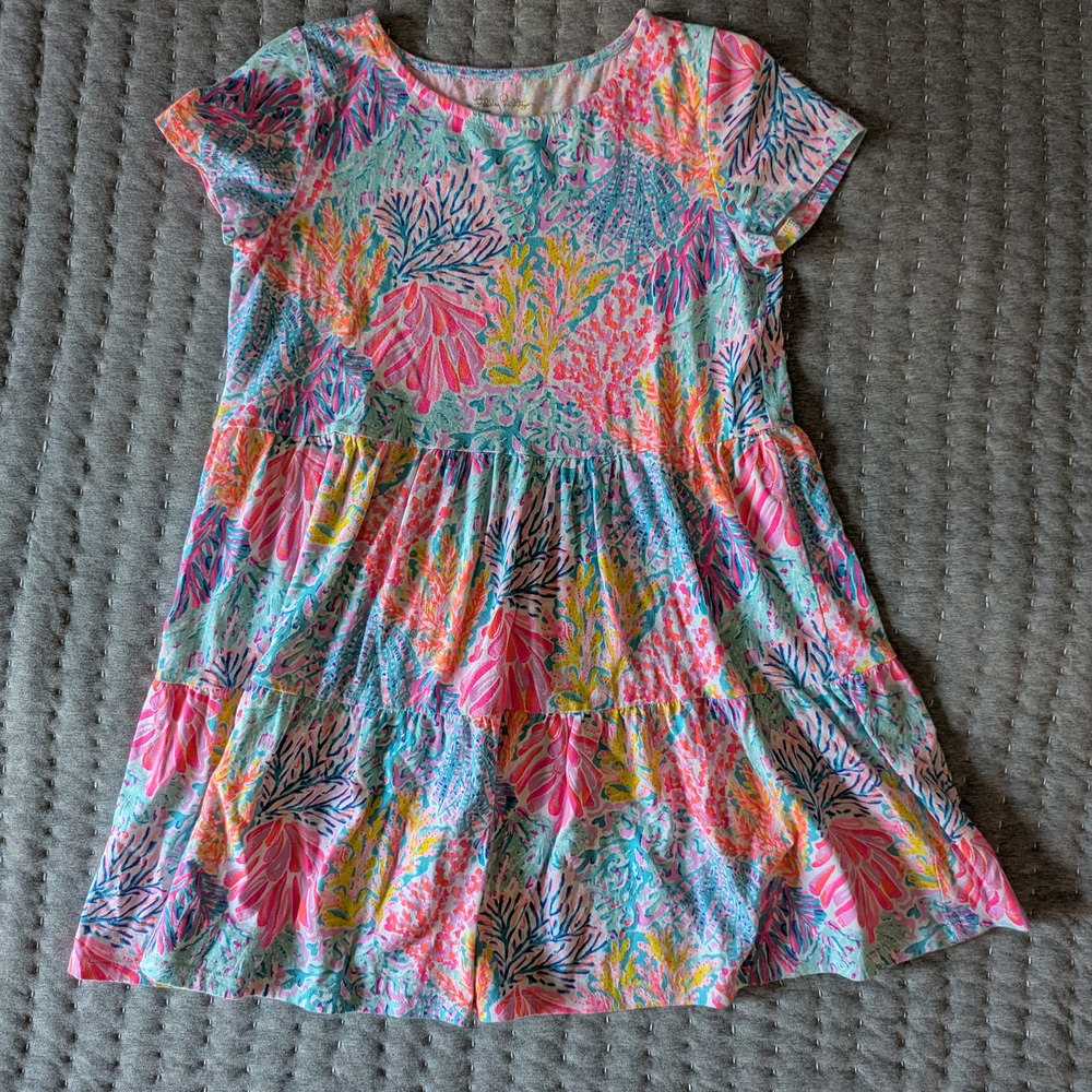 Lilly Pulitzer Girls Pink & Blue Flutter Sleeve Dress - Like New - Size 10